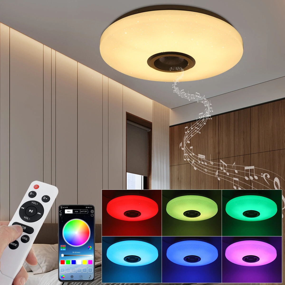 RGBW LED Ceiling Light Music Speaker Lamp Bluetooth APP + Remote Control Bedroom Smart Ceiling Lamp (image for) RGBW LED Ceiling Light Music Speaker Lamp Bluetooth APP + Remote Control Bedroom Smart Ceiling Lamp